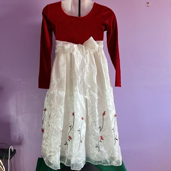 Cassie’s Creations Size 10 Red Velvet Empire Waist Dress Floral Holiday - Picture 2 of 6